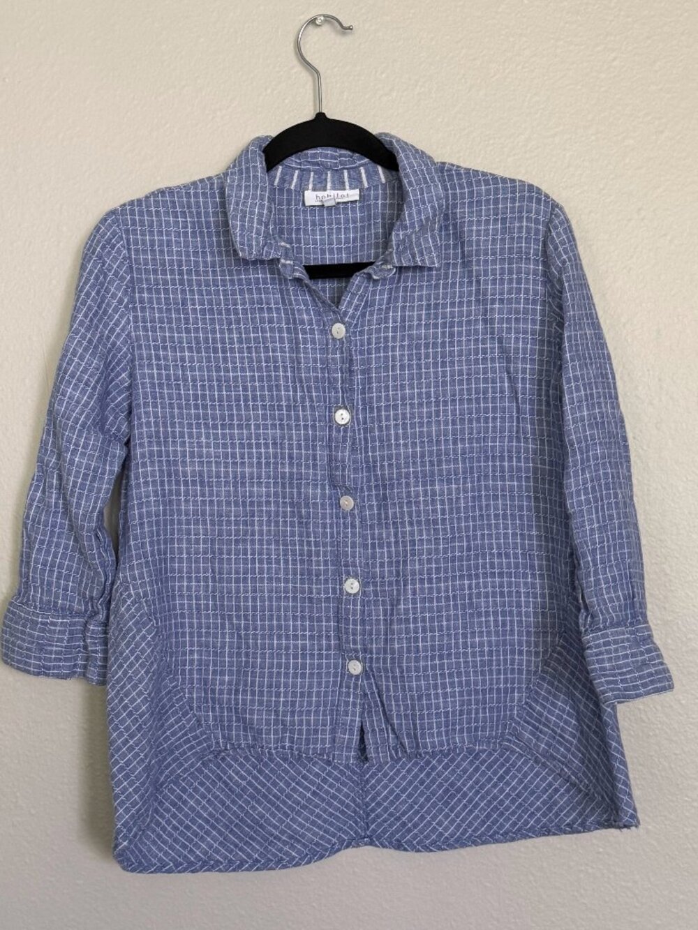 Habitat Clothes to Live In Linen Cotton Shirt S Small Blue Grid Seersucker